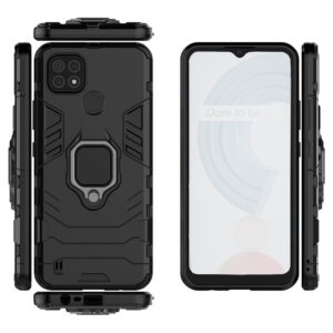 Set husa Comando Armor Ring cu folie de silicon compatibila cu Realme C21, Antisoc, Ultrarezistenta, Protectie 360, Inel Metalic Rotativ, Negru - 3