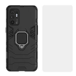 Set husa Comando Armor Ring cu folie de silicon compatibila cu Oppo Reno6 5G, Antisoc, Ultrarezistenta, Protectie 360, Inel Metalic Rotativ, Negru