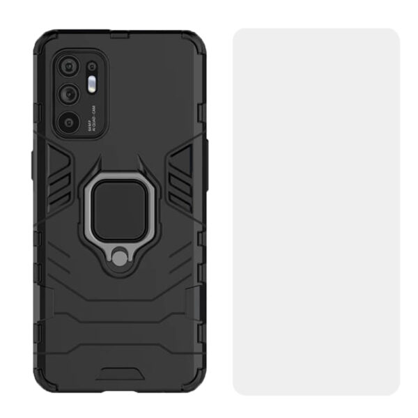 Set husa Comando Armor Ring cu folie de silicon compatibila cu Oppo Reno6 5G, Antisoc, Ultrarezistenta, Protectie 360, Inel Metalic Rotativ, Negru