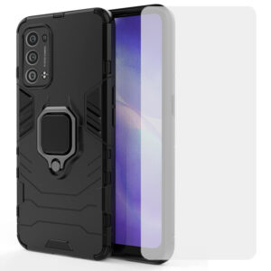 Set husa Comando Armor Ring cu folie de silicon compatibila cu Oppo Reno6 Pro 5G (Snapdragon), Antisoc, Ultrarezistenta, Protectie 360, Inel Metalic Rotativ, Negru