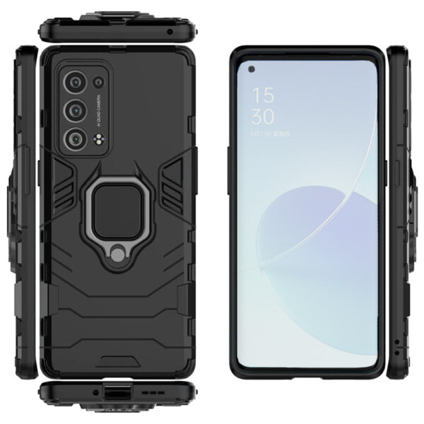 Set husa Comando Armor Ring cu folie de silicon compatibila cu Oppo Reno6 Pro 5G (Snapdragon), Antisoc, Ultrarezistenta, Protectie 360, Inel Metalic Rotativ, Negru - 3