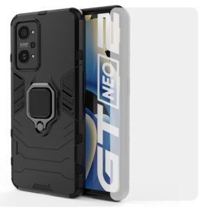 Set husa Comando Armor Ring cu folie de silicon compatibila cu Realme GT Neo2 / GT2 / GT Neo 3T / GT Neo 3T Dragon Ball Z, Antisoc, Ultrarezistenta, Protectie 360, Inel Metalic Rotativ, Negru