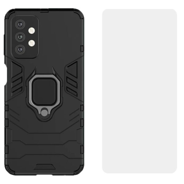 Set husa Comando Armor Ring cu folie de silicon compatibila cu Samsung Galaxy A53 5G, Antisoc, Ultrarezistenta, Protectie 360, Inel Metalic Rotativ, Negru