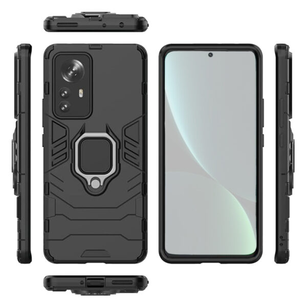 Set husa Comando Armor Ring cu folie de silicon compatibila cu Xiaomi 12 Pro, Antisoc, Ultrarezistenta, Protectie 360, Inel Metalic Rotativ, Negru - 2