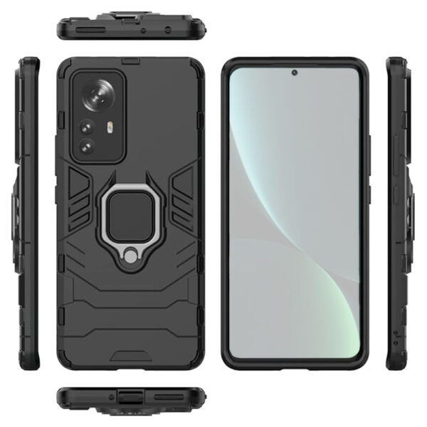 Set husa Comando Armor Ring cu folie de silicon compatibila cu Xiaomi 12 / 12X, Antisoc, Ultrarezistenta, Protectie 360, Inel Metalic Rotativ, Negru - 3