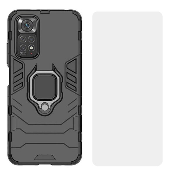 Set husa Comando Armor Ring cu folie de silicon compatibila cu Xiaomi Redmi Note 11 / Note 11S, Antisoc, Ultrarezistenta, Protectie 360, Inel Metalic Rotativ, Negru