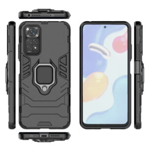 Set husa Comando Armor Ring cu folie de silicon compatibila cu Xiaomi Redmi Note 11 / Note 11S, Antisoc, Ultrarezistenta, Protectie 360, Inel Metalic Rotativ, Negru - 3