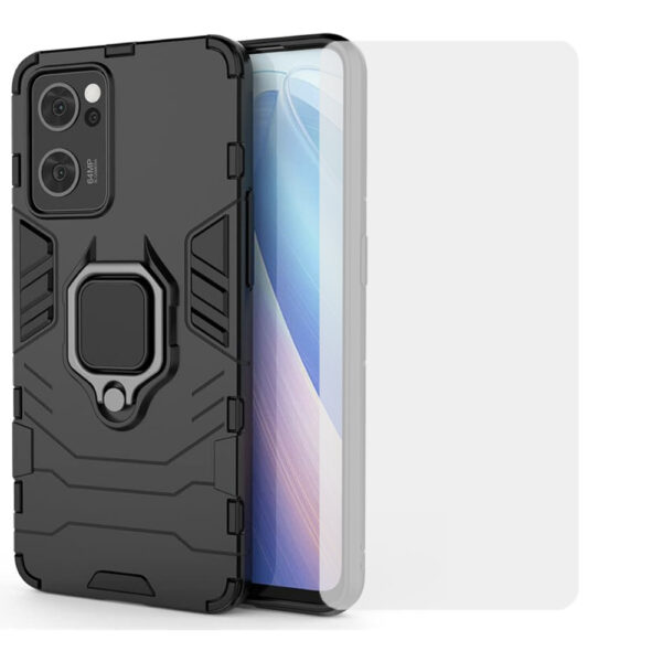 Set husa Comando Armor Ring cu folie de silicon compatibila cu Oppo Find X5 Lite / Reno7 5G, Antisoc, Ultrarezistenta, Protectie 360, Inel Metalic Rotativ, Negru