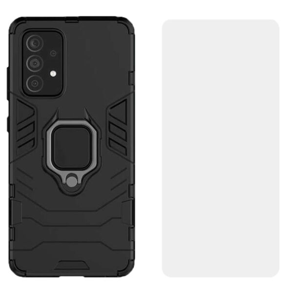 Set husa Comando Armor Ring cu folie de silicon compatibila cu Samsung Galaxy A13 4G, Antisoc, Ultrarezistenta, Protectie 360, Inel Metalic Rotativ, Negru