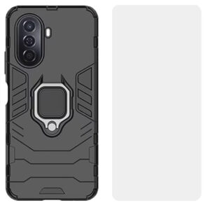 Set husa Comando Armor Ring cu folie de silicon compatibila cu Huawei Nova Y70, Antisoc, Ultrarezistenta, Protectie 360, Inel Metalic Rotativ, Negru