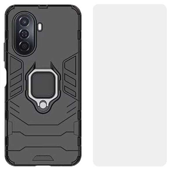 Set husa Comando Armor Ring cu folie de silicon compatibila cu Huawei Nova Y70, Antisoc, Ultrarezistenta, Protectie 360, Inel Metalic Rotativ, Negru