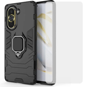 Set husa Comando Armor Ring cu folie de silicon compatibila cu Huawei Nova 10, Antisoc, Ultrarezistenta, Protectie 360, Inel Metalic Rotativ, Negru