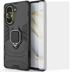 Set husa Comando Armor Ring cu folie de silicon compatibila cu Huawei Nova 10 Pro, Antisoc, Ultrarezistenta, Protectie 360, Inel Metalic Rotativ, Negru