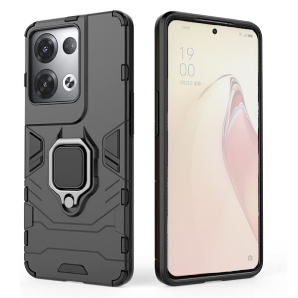 Set husa Comando Armor Ring cu folie de silicon compatibila cu Oppo Reno8 Pro, Antisoc, Ultrarezistenta, Protectie 360, Inel Metalic Rotativ, Negru