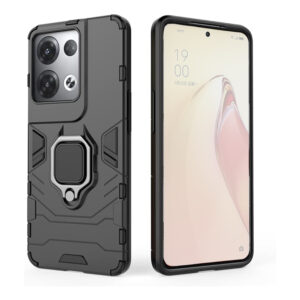 Set husa Comando Armor Ring cu folie de silicon compatibila cu Oppo Reno8, Antisoc, Ultrarezistenta, Protectie 360, Inel Metalic Rotativ, Negru - 2