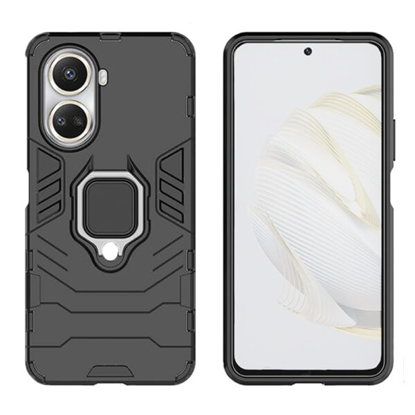 Set husa Comando Armor Ring cu folie de silicon compatibila cu Huawei Nova 10 SE, Antisoc, Ultrarezistenta, Protectie 360, Inel Metalic Rotativ, Negru