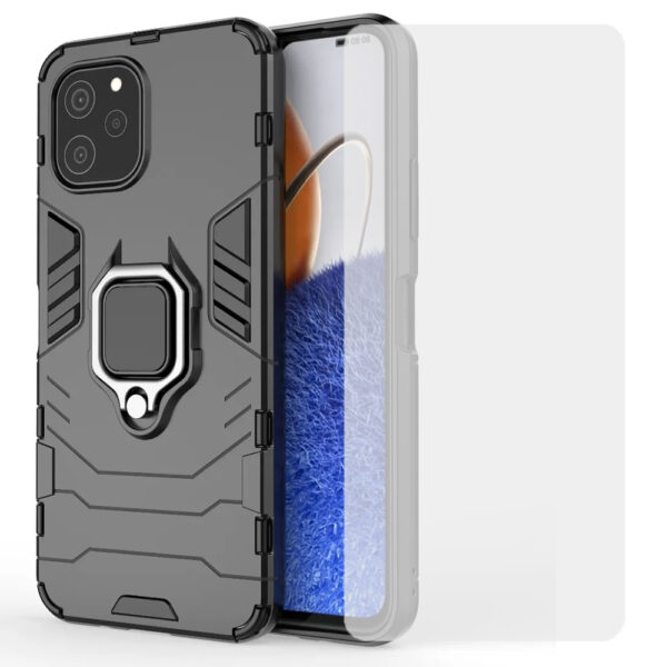 Set husa Comando Armor Ring cu folie de silicon compatibila cu Huawei Nova Y61, Antisoc, Ultrarezistenta, Protectie 360, Inel Metalic Rotativ, Negru