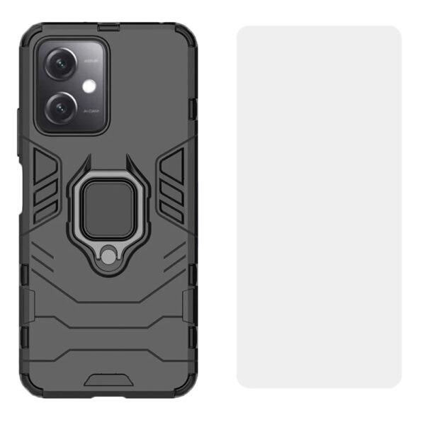 Set husa Comando Armor Ring cu folie de silicon compatibila cu Xiaomi Redmi Note 12 5G / Poco X5, Antisoc, Ultrarezistenta, Protectie 360, Inel Metalic Rotativ, Negru