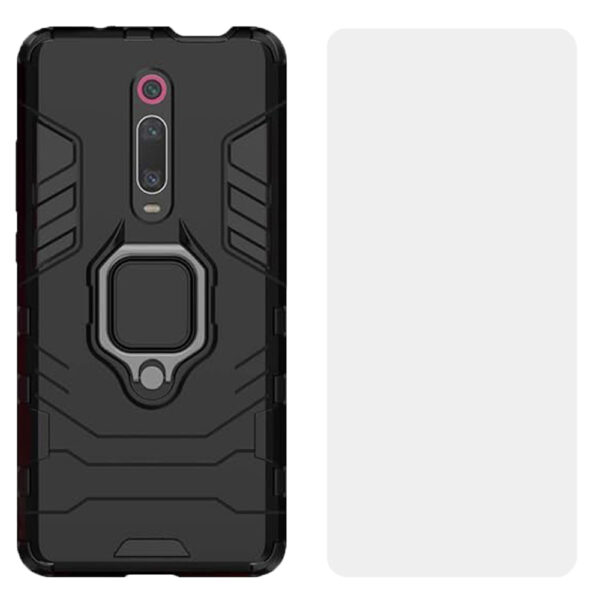 Set husa Comando Armor Ring cu folie de silicon compatibila cu Xiaomi Mi 9T / Mi 9T Pro / Redmi K20 Pro / Redmi K20, Antisoc, Ultrarezistenta, Protectie 360, Inel Metalic Rotativ, Negru