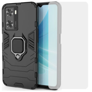 Set husa Comando Armor Ring cu folie de silicon compatibila cu Oppo A57 4G / A57s / OnePlus Nord N20 SE, Antisoc, Ultrarezistenta, Protectie 360, Inel Metalic Rotativ, Negru