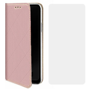 Set husa carte Comando Book si folie silicon compatibila cu Xiaomi Redmi Note 10 4G / Note 10s, Inchidere magnetica, Buzunar interior pentru card, Flip stand, Protectie completa si practica, Roz