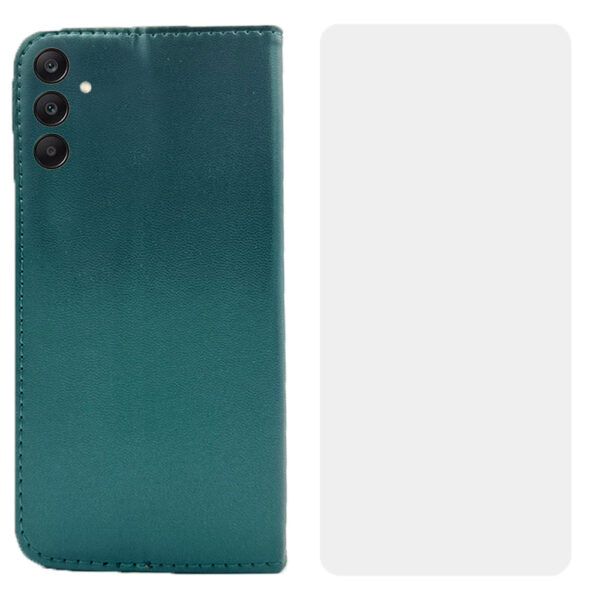 Set protectie compatibil cu Samsung Galaxy S24 Plus, COMANDO Flip Magnet cu Folie de silicon, Piele ecologica, Tip carte portofel, Protectie completa, Aderenta sigura, Verde