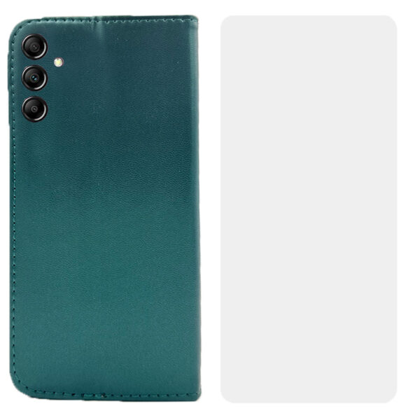 Set protectie compatibil cu Samsung Galaxy A15 5G, COMANDO Flip Magnet cu Folie de silicon, Piele ecologica, Tip carte portofel, Protectie completa, Aderenta sigura, Verde