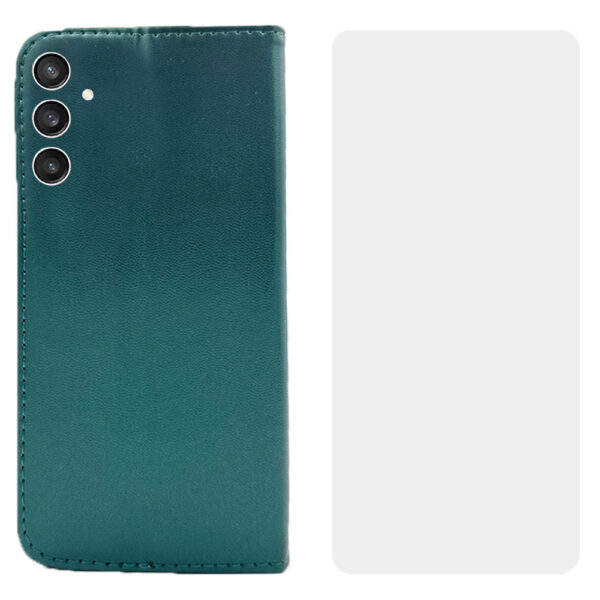 Set protectie compatibil cu Samsung Galaxy S23 FE, COMANDO Flip Magnet cu Folie de silicon, Piele ecologica, Tip carte portofel, Protectie completa, Aderenta sigura, Verde