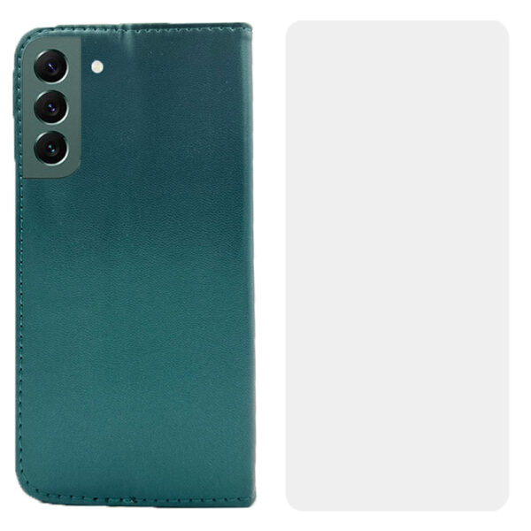 Set protectie compatibil cu Samsung Galaxy S22 Plus, COMANDO Flip Magnet cu Folie de silicon, Piele ecologica, Tip carte portofel, Protectie completa, Aderenta sigura, Verde