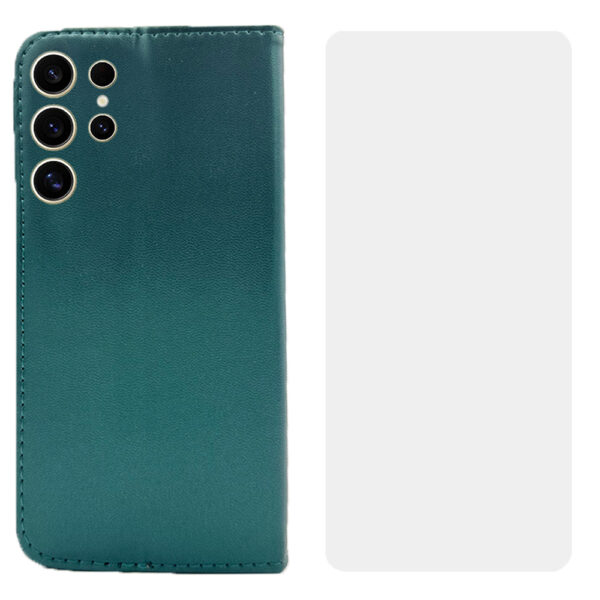 Set protectie compatibil cu Samsung Galaxy S24 Ultra, COMANDO Flip Magnet cu Folie de silicon, Piele ecologica, Tip carte portofel, Protectie completa, Aderenta sigura, Verde