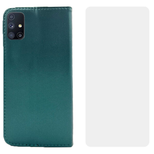 Set protectie compatibil cu Samsung Galaxy M51, COMANDO Flip Magnet cu Folie de silicon, Piele ecologica, Tip carte portofel, Protectie completa, Aderenta sigura, Verde