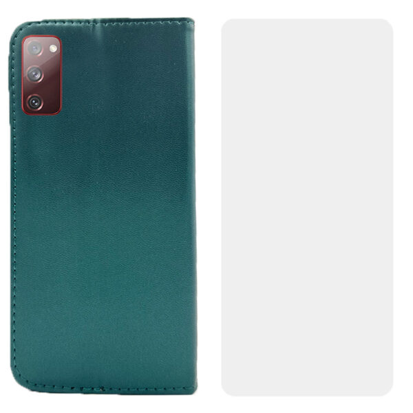 Set protectie compatibil cu Samsung Galaxy S20 FE, COMANDO Flip Magnet cu Folie de silicon, Piele ecologica, Tip carte portofel, Protectie completa, Aderenta sigura, Verde