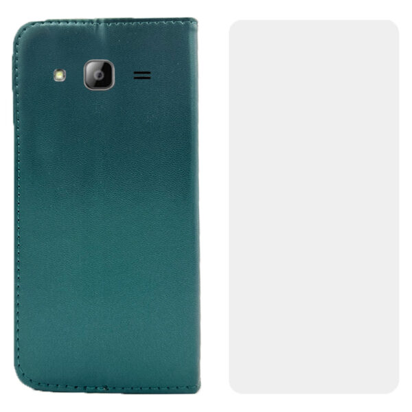 Set protectie compatibil cu Samsung Galaxy J3 (2016), COMANDO Flip Magnet cu Folie de silicon, Piele ecologica, Tip carte portofel, Protectie completa, Aderenta sigura, Verde