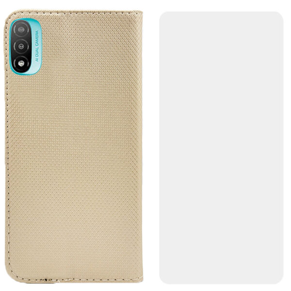 Set protectie compatibil cu Motorola Moto E20, COMANDO Flip Magnet cu Folie de silicon, Piele ecologica, Tip carte portofel, Protectie completa, Aderenta sigura, Auriu