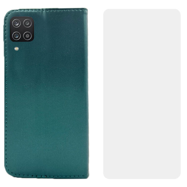 Set protectie compatibil cu Samsung Galaxy A12, COMANDO Flip Magnet cu Folie de silicon, Piele ecologica, Tip carte portofel, Protectie completa, Aderenta sigura, Verde