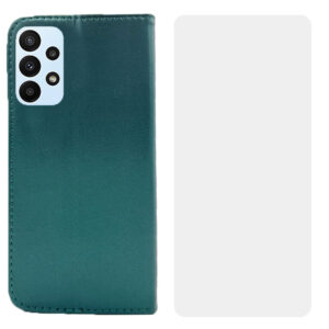 Set protectie compatibil cu Samsung Galaxy A33 5G, COMANDO Flip Magnet cu Folie de silicon, Piele ecologica, Tip carte portofel, Protectie completa, Aderenta sigura, Verde