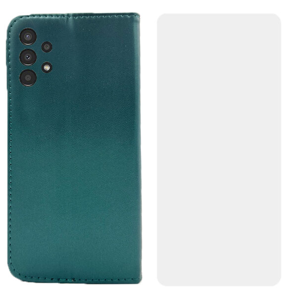 Set protectie compatibil cu Samsung Galaxy A32 5G, COMANDO Flip Magnet cu Folie de silicon, Piele ecologica, Tip carte portofel, Protectie completa, Aderenta sigura, Verde