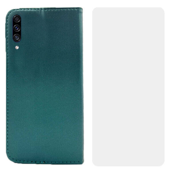 Set protectie compatibil cu Samsung Galaxy A30s, COMANDO Flip Magnet cu Folie de silicon, Piele ecologica, Tip carte portofel, Protectie completa, Aderenta sigura, Verde