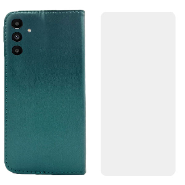 Set protectie compatibil cu Samsung Galaxy A13 5G, COMANDO Flip Magnet cu Folie de silicon, Piele ecologica, Tip carte portofel, Protectie completa, Aderenta sigura, Verde