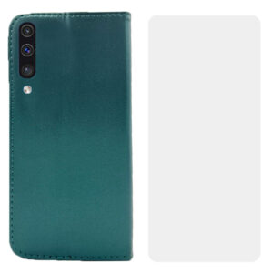 Set protectie compatibil cu Samsung Galaxy A50, COMANDO Flip Magnet cu Folie de silicon, Piele ecologica, Tip carte portofel, Protectie completa, Aderenta sigura, Verde