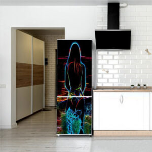 Autocolant pentru frigider, Model Sunset Woman LED, Dimensiuni 200 x 90 cm, Design Vibrant, Autoadeziv