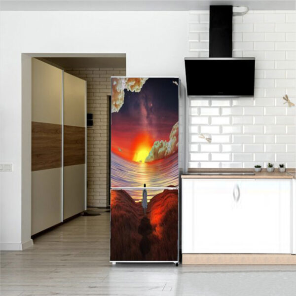 Autocolant pentru frigider, Model Distorted Reality Sunset, Dimensiuni 200 x 90 cm, Design Vibrant, Autoadeziv