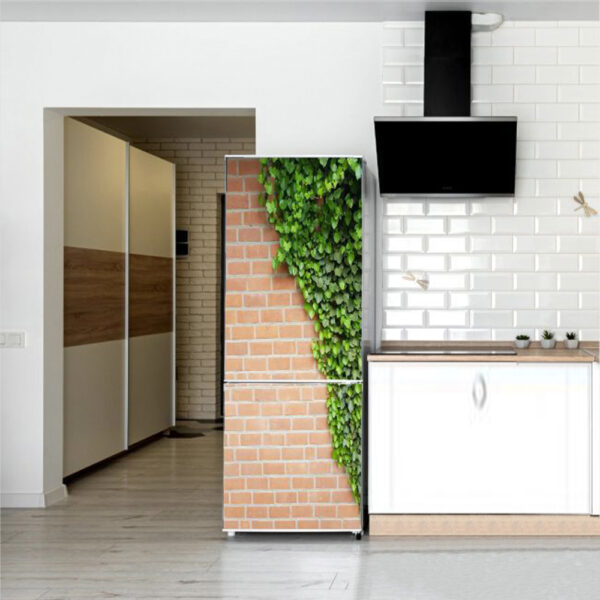 Autocolant pentru frigider, Model Brick Garden Wall, Dimensiuni 200 x 90 cm, Design Vibrant, Autoadeziv