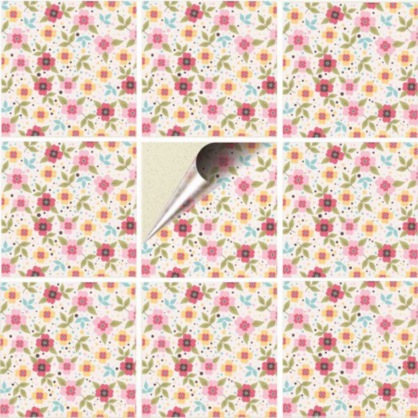 Set 100 Stickere decorative autoadezive pentru faianta sau perete, Model Pixel Flowers, Dimensiuni 15 cm x 15 cm, Rezistente la uzura si apa, 2,25 m2 - 2