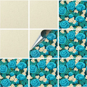 Set 100 Stickere decorative autoadezive pentru faianta sau perete, Model Blue Ranunculus, Dimensiuni 15 cm x 15 cm, Rezistente la uzura si apa, 2,25 m2