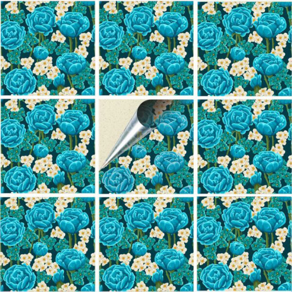 Set 100 Stickere decorative autoadezive pentru faianta sau perete, Model Blue Ranunculus, Dimensiuni 15 cm x 15 cm, Rezistente la uzura si apa, 2,25 m2 - 2