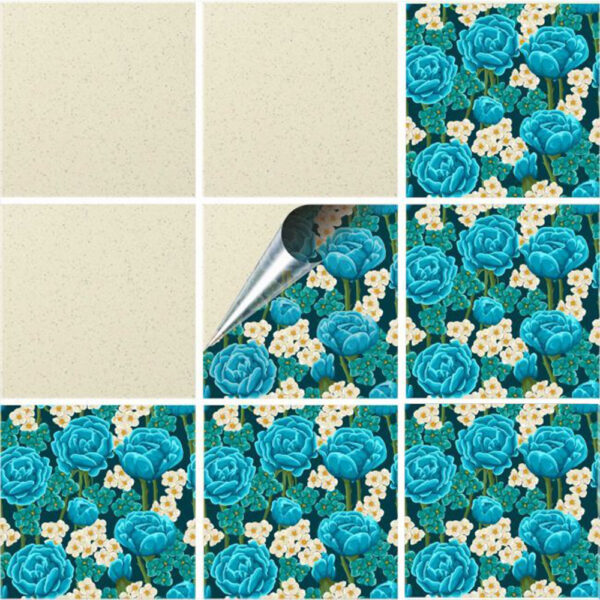 Set 100 Stickere decorative autoadezive pentru faianta sau perete, Model Blue Ranunculus, Dimensiuni 20 cm x 20 cm, Rezistente la uzura si apa, 4 m2