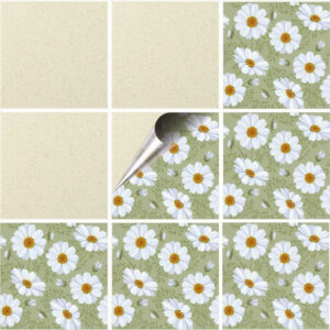 Set 100 Stickere decorative autoadezive pentru faianta sau perete, Model Chamomile, Dimensiuni 15 cm x 15 cm, Rezistente la uzura si apa, 2,25 m2