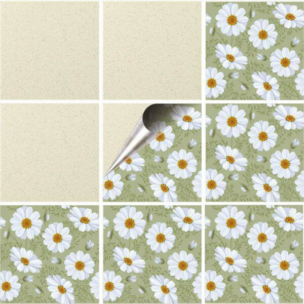 Set 100 Stickere decorative autoadezive pentru faianta sau perete, Model Chamomile, Dimensiuni 15 cm x 15 cm, Rezistente la uzura si apa, 2,25 m2