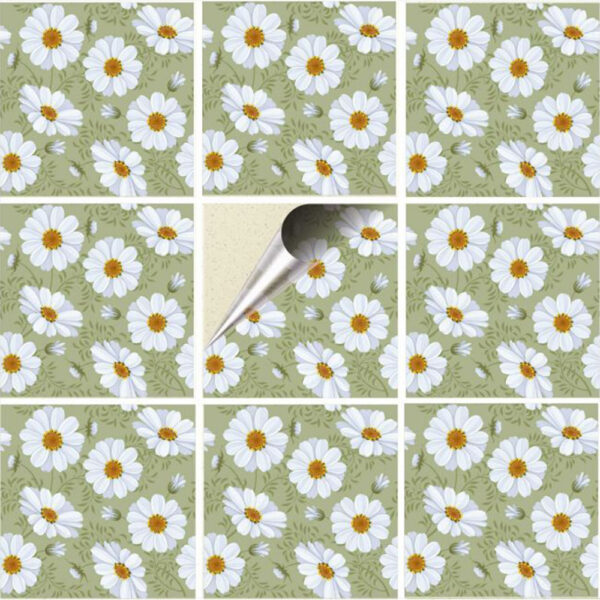 Set 100 Stickere decorative autoadezive pentru faianta sau perete, Model Chamomile, Dimensiuni 15 cm x 15 cm, Rezistente la uzura si apa, 2,25 m2 - 2